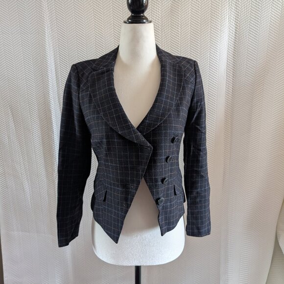 Esprit Women’s Navy Plaid Blazer Wool blend Cotton lined Size 2 Preppy Academia - Picture 10 of 11